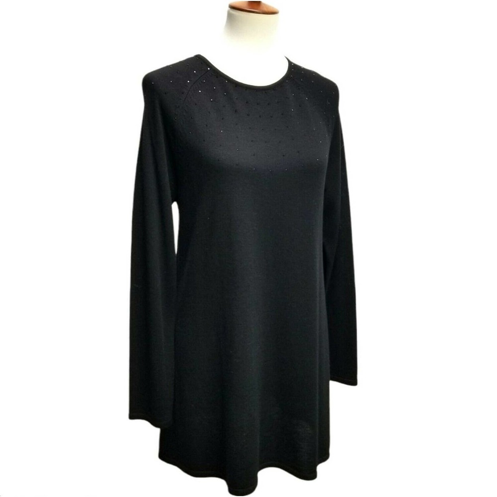 NEW J Jill Sz M Black A Line Sweater Tunic Long S Mini Dress Rhinestones Holiday